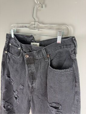Agolde Criss Cross Straight Distressed Thrashed Jeans SZ 32 Black Raw Hem Cotton